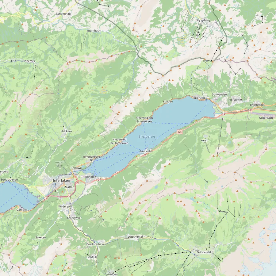 Map of Lake Brienz from Interlaken Ost and Bönigen in the west to Brienz in the east, with Iseltwald and Giessbach