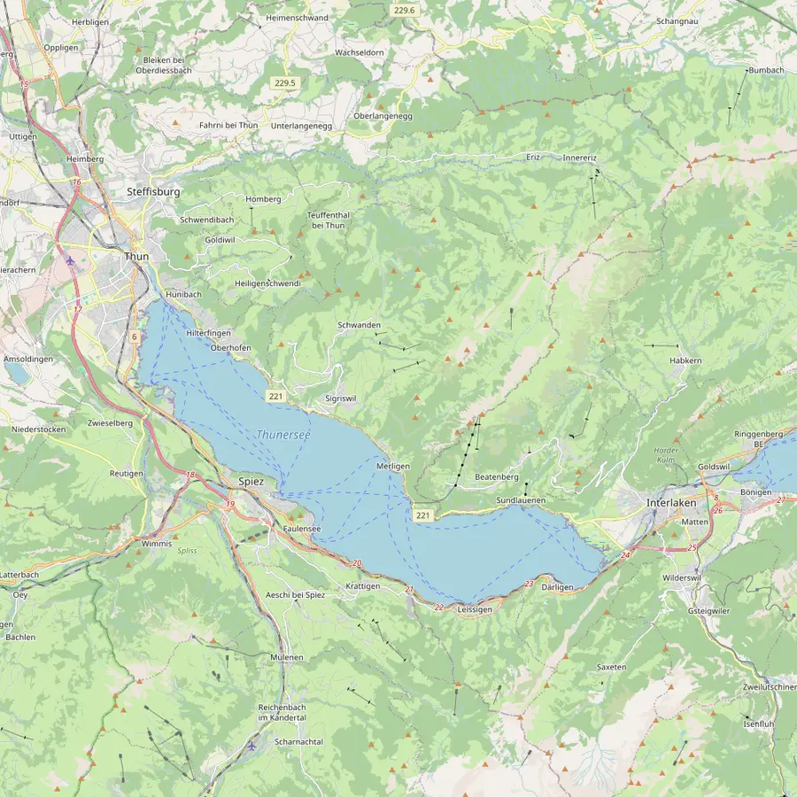 Map of Lake Thun from Interlaken West and Neuhaus in the east to Spiez, Oberhofen and Thun in the west